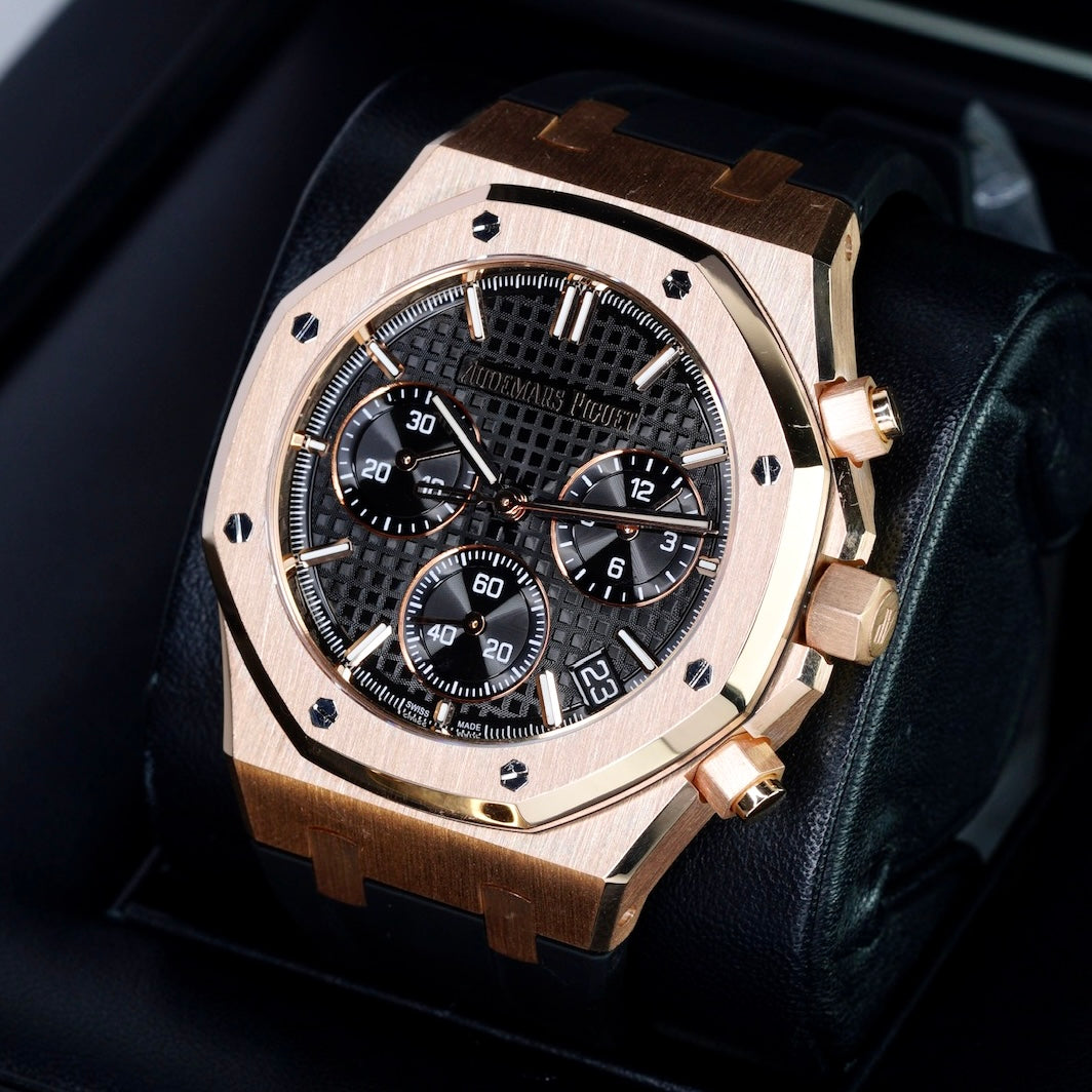 Audemars Piguet Royal Oak 26240OR.OO.D002CR.01 “50th ANNIVERSARY” Black Dial Black Rubber Rose Gold Chronograph Leather Strap 41mm 2022