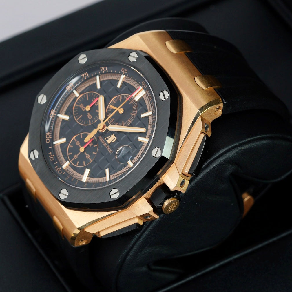 Audemars Piguet Royal Oak Offshore 26401RO.OO.A002CA.02 Black Dial Black Subdials Rose Gold Rubber Strap Chronograph 44mm