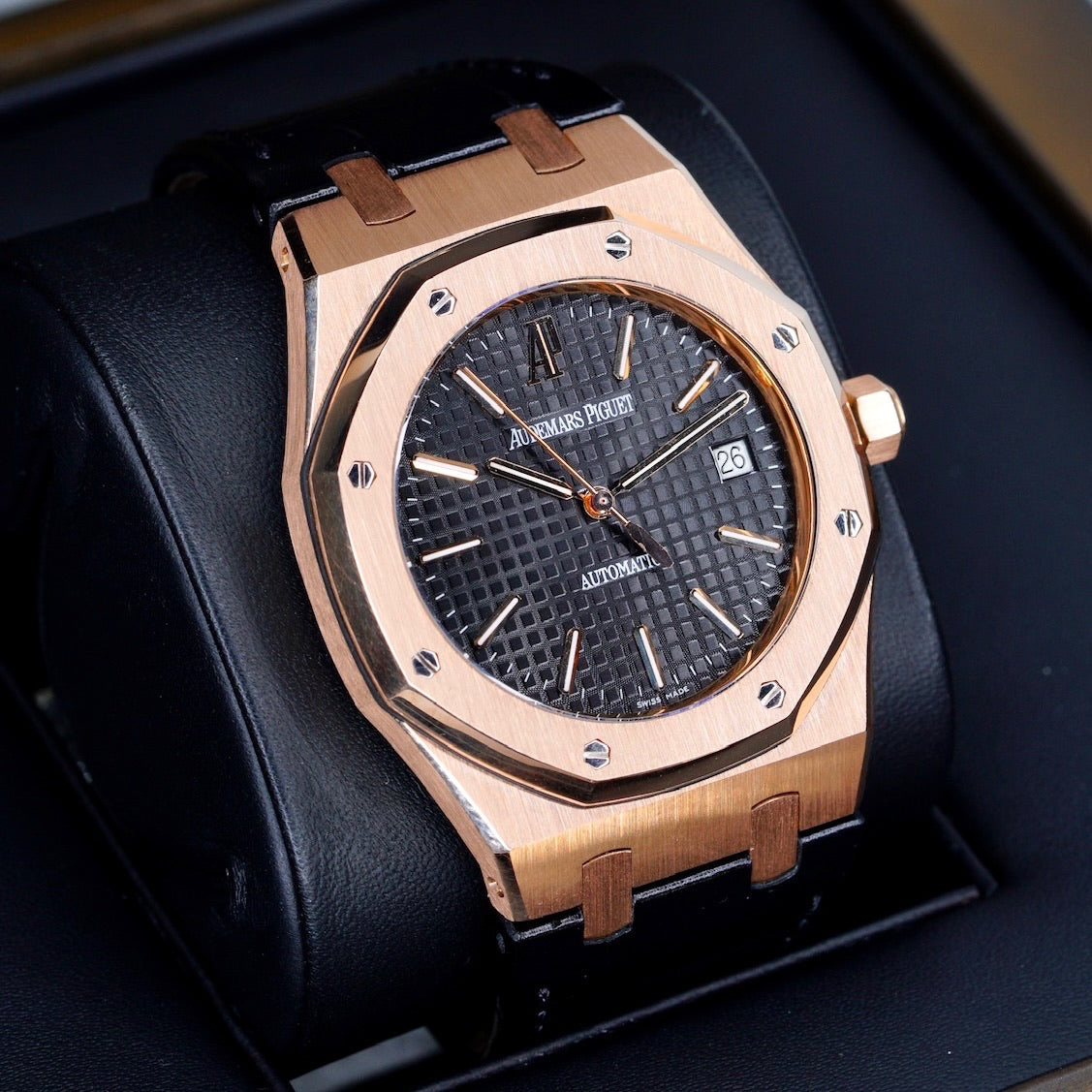 Audemars Piguet Royal Oak 15300OR.OO.D002CR.01 “BLACK OAK” Black Dial Rose Gold Leather Strap 39mm