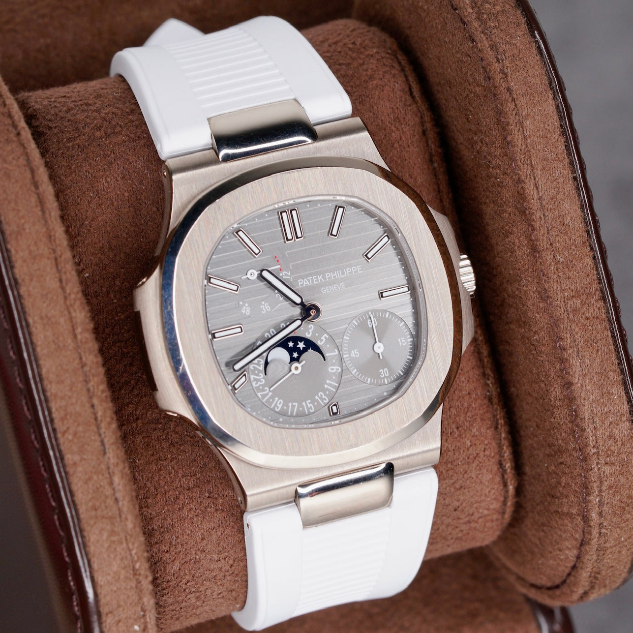 Patek Philippe Nautilus 5712G-001 Grey Dial White Gold Leather Strap 2021