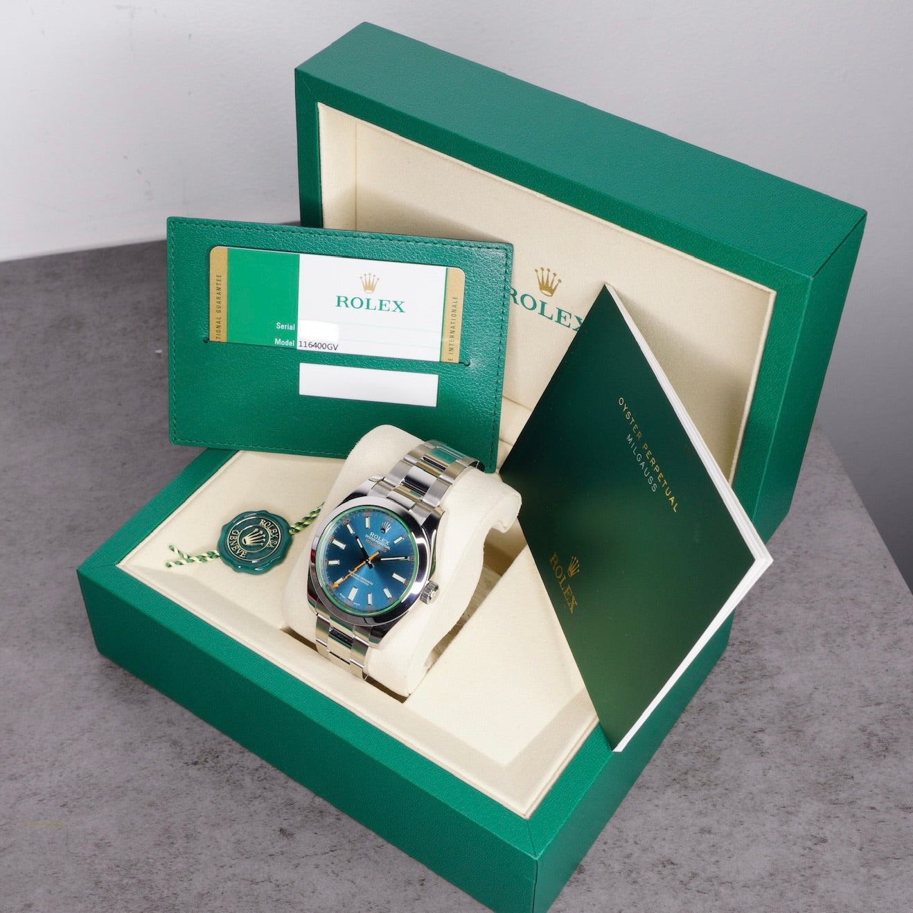 Rolex Milgauss 116400GV Blue Dial Green Crystal Stainless Steel 40mm