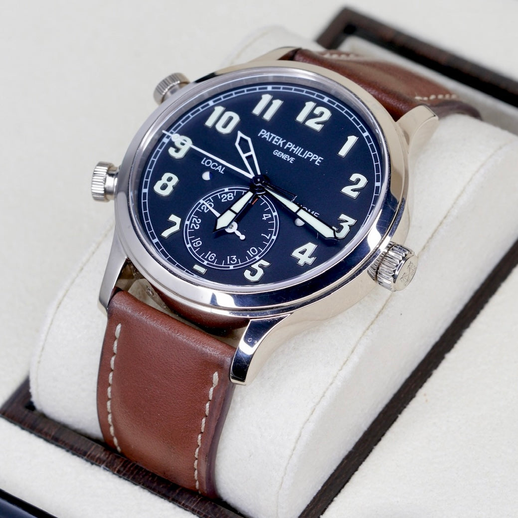 Patek Philippe 5524G-001 “PILOT” Travel Time Black Dial White Gold Leather Strap 42mmm