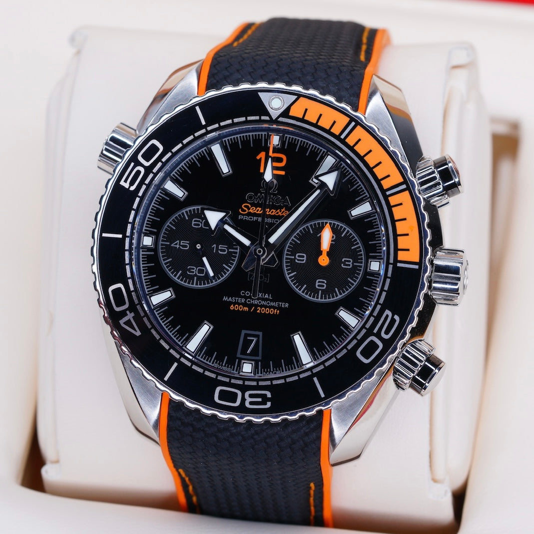 Omega Seamaster 215.32.46.51.01.001 “PLANET OCEAN” Black Dial Orange Accents  Stainless Steel Chronograph