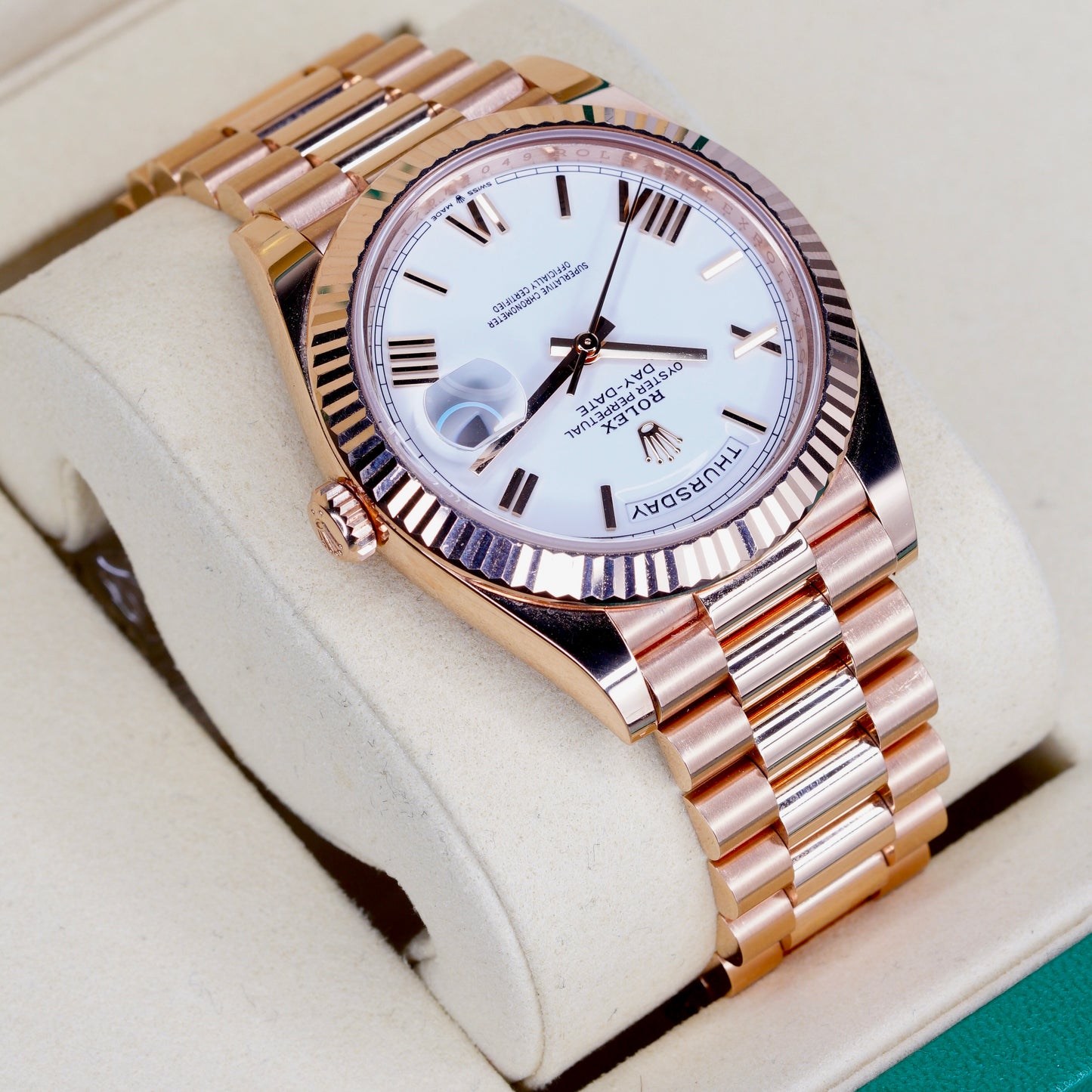 Rolex Day-Date 228235 White Roman Dial Rose Gold 40mm