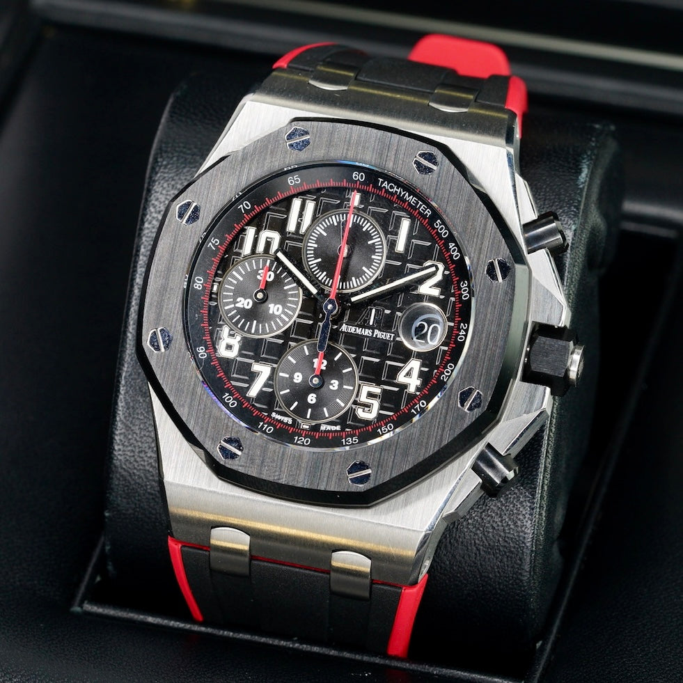 Audemars Piguet Royal Oak Offshore 26470SO.OO.A002CA.01 “VAMPIRE DARK KNIGHT” Black Dial Red Accents Ceramic Bezel Stainless Steel Chronograph 42mm