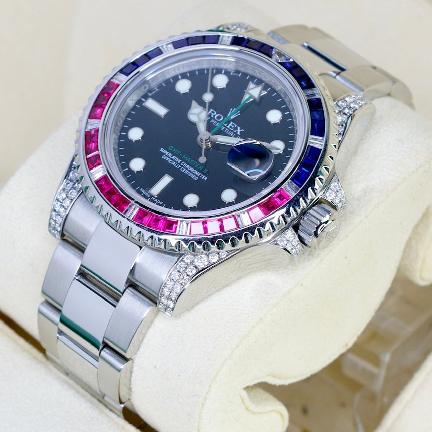 Rolex GMT-Master II 116710 “ALMOST SARU” Aftermarket Diamond Ruby & Sapphire Bezel Stainless Steel 40mm