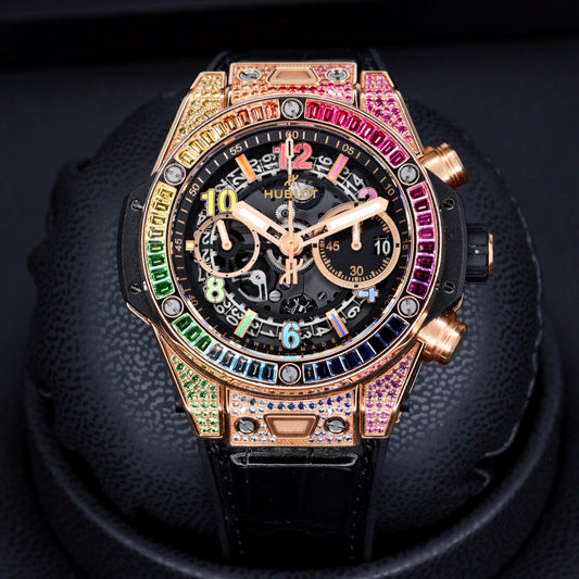 Hublot  Bang Unico 441.OX.9910.LR.0999 “RAINBOW 42” Skeleton Dial King Gold Rainbow Black Strap 42mm