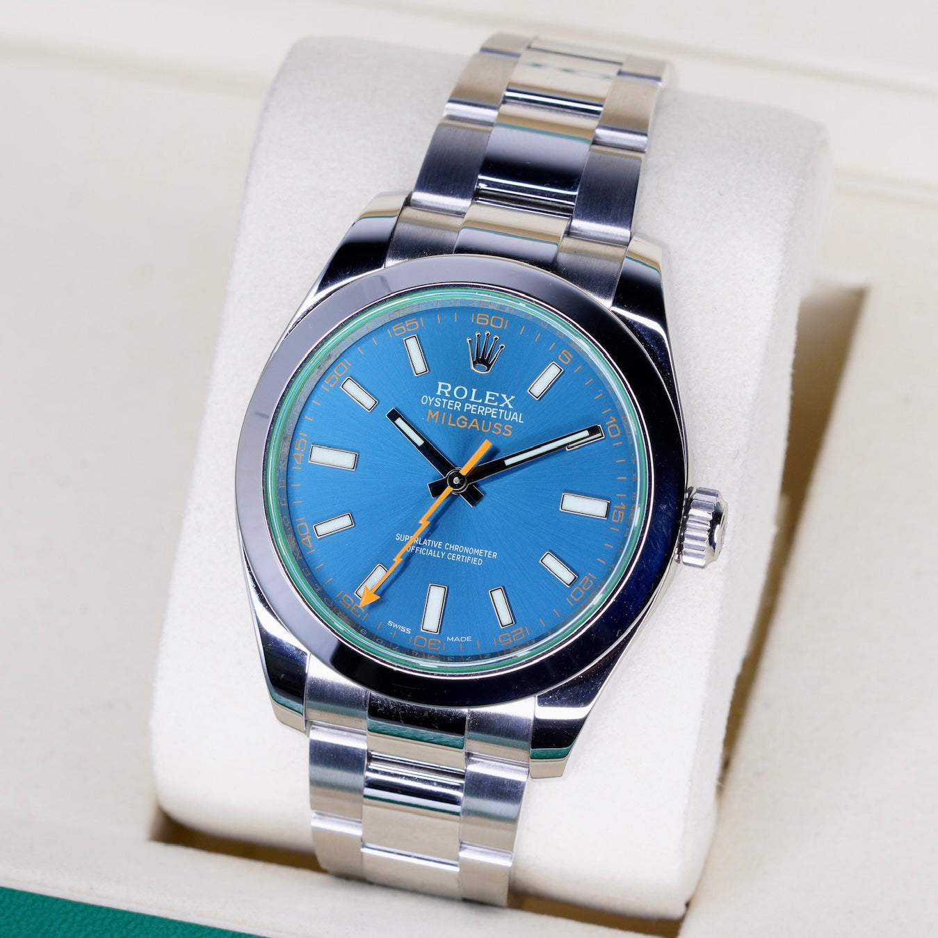 Rolex Milgauss 116400GV Blue Dial Green Crystal Stainless Steel 40mm