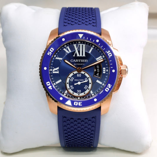 Cartier Calibre De Cartier WGCA0010 Rose Gold Blue Dial & Bezel Rubber Strap 42mm