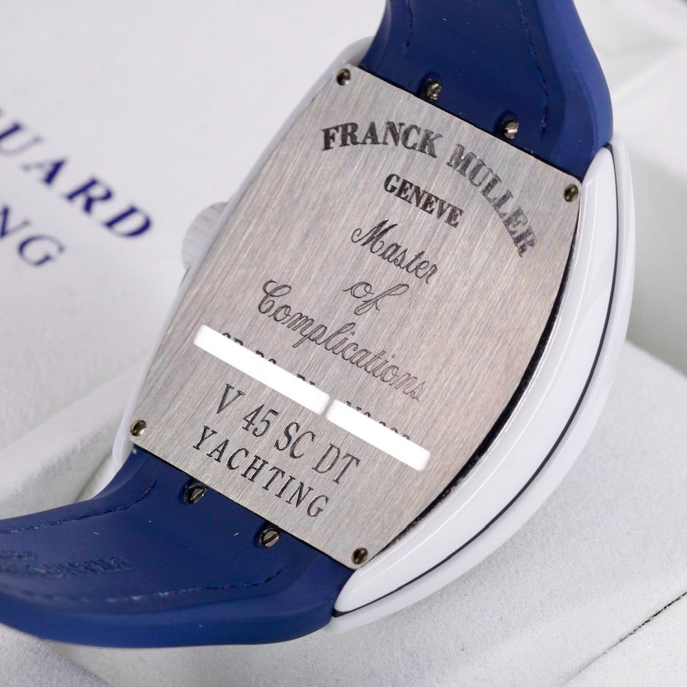 Franck Muller Vanguard V 45 SC DT Yachting Blue Dial Ceramic Blue Leather Strap