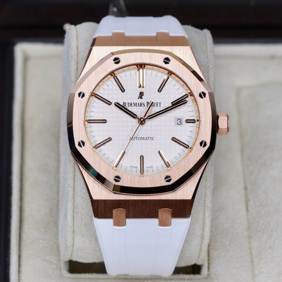 Audemars Piguet Royal Oak 15400OR.OO.D088cCR.01 White Dial Rose Gold White Leather Strap 41mm 2015