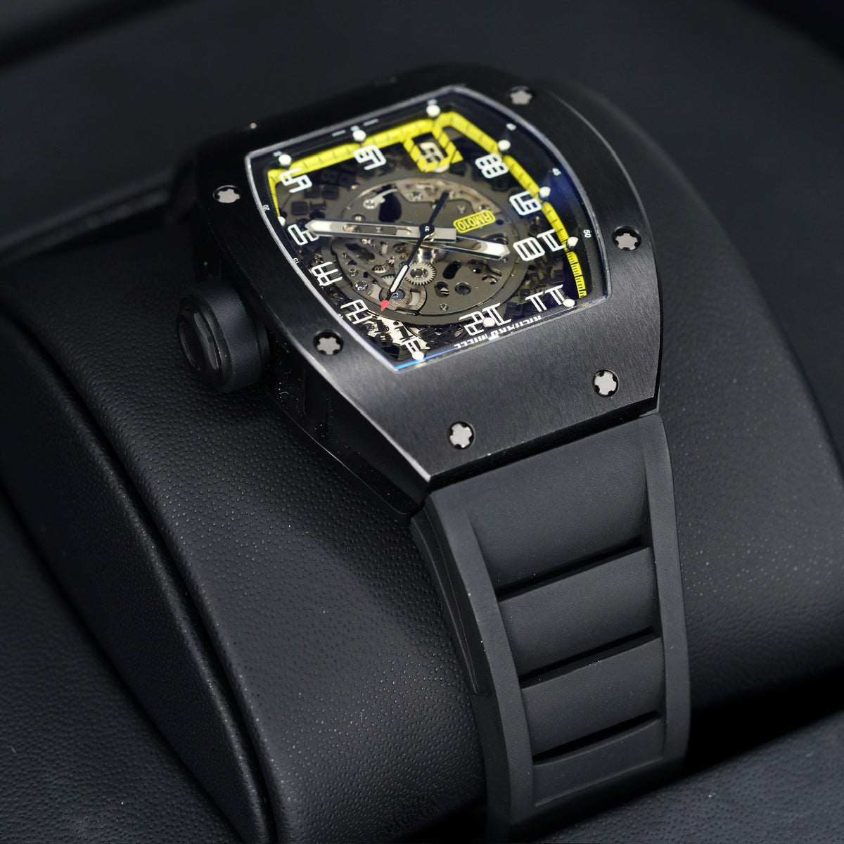 Richard Mille RM 010 “YELLOW FLASH” Skeleton Dial Yellow Accents Black Rubber Strap