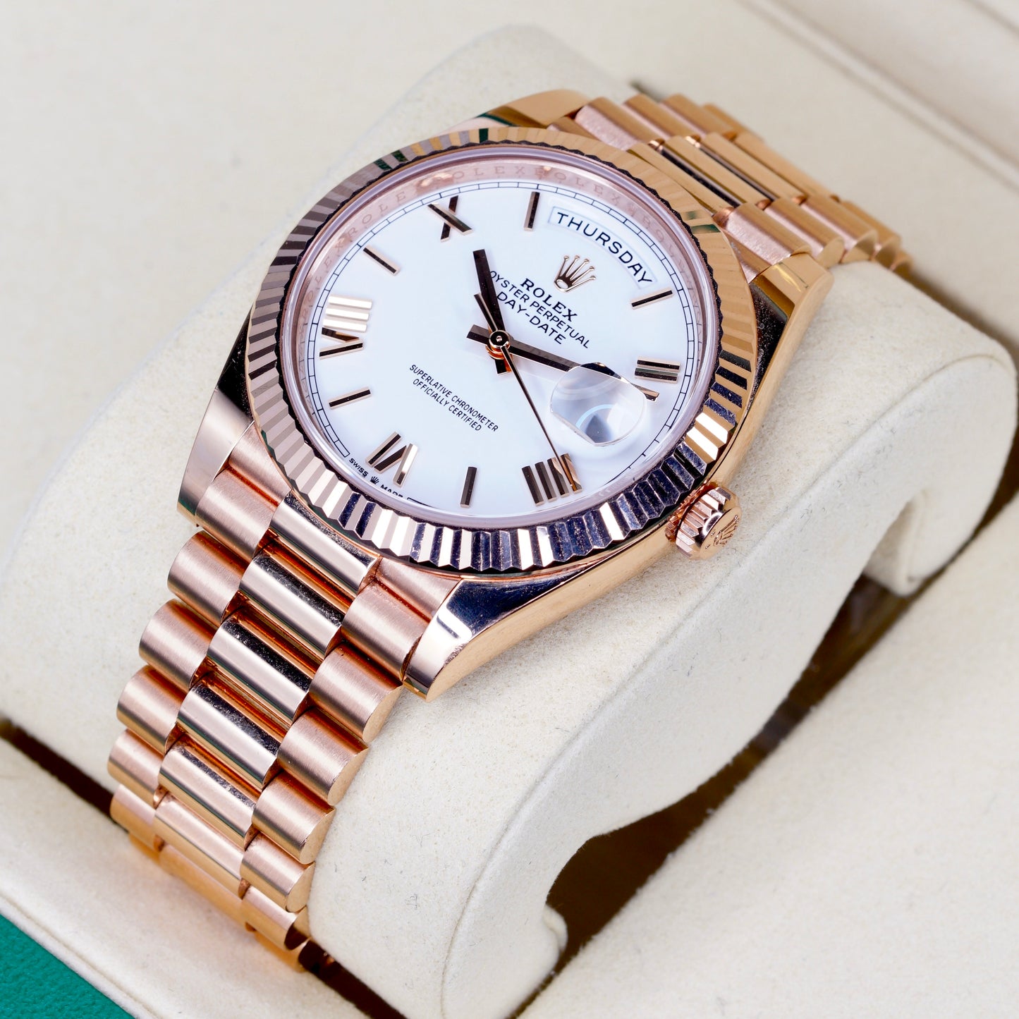 Rolex Day-Date 228235 White Roman Dial Rose Gold 40mm