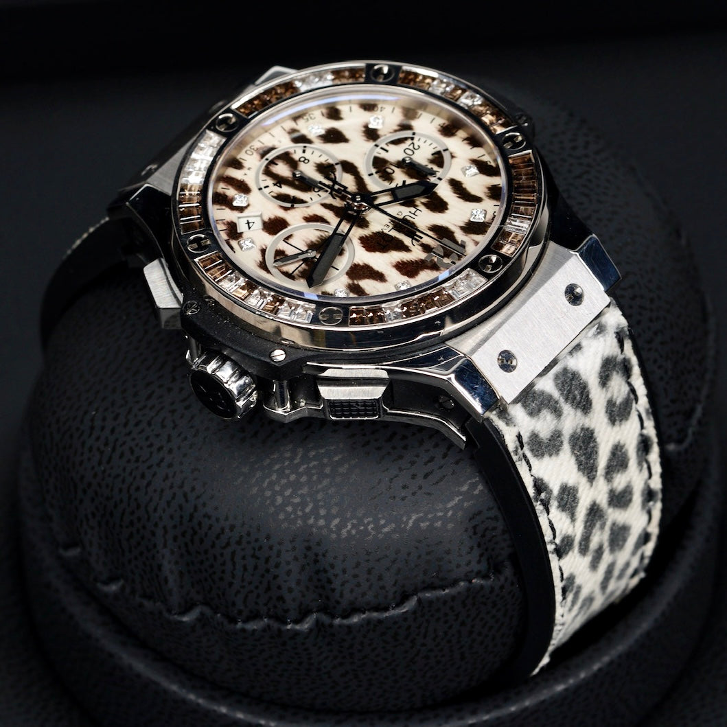 Hublot Big Bang 341.CW.7717.NR.1977  “SNOW LEOPARD” White Leopard Dial Diamond Bezel Leopard Strap 41mm