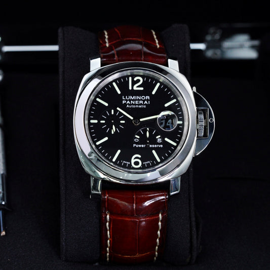 Panerai Luminor PAM 00090 Power Reserve Black Dial Stainless Steel Brown Leather Strap 44mm