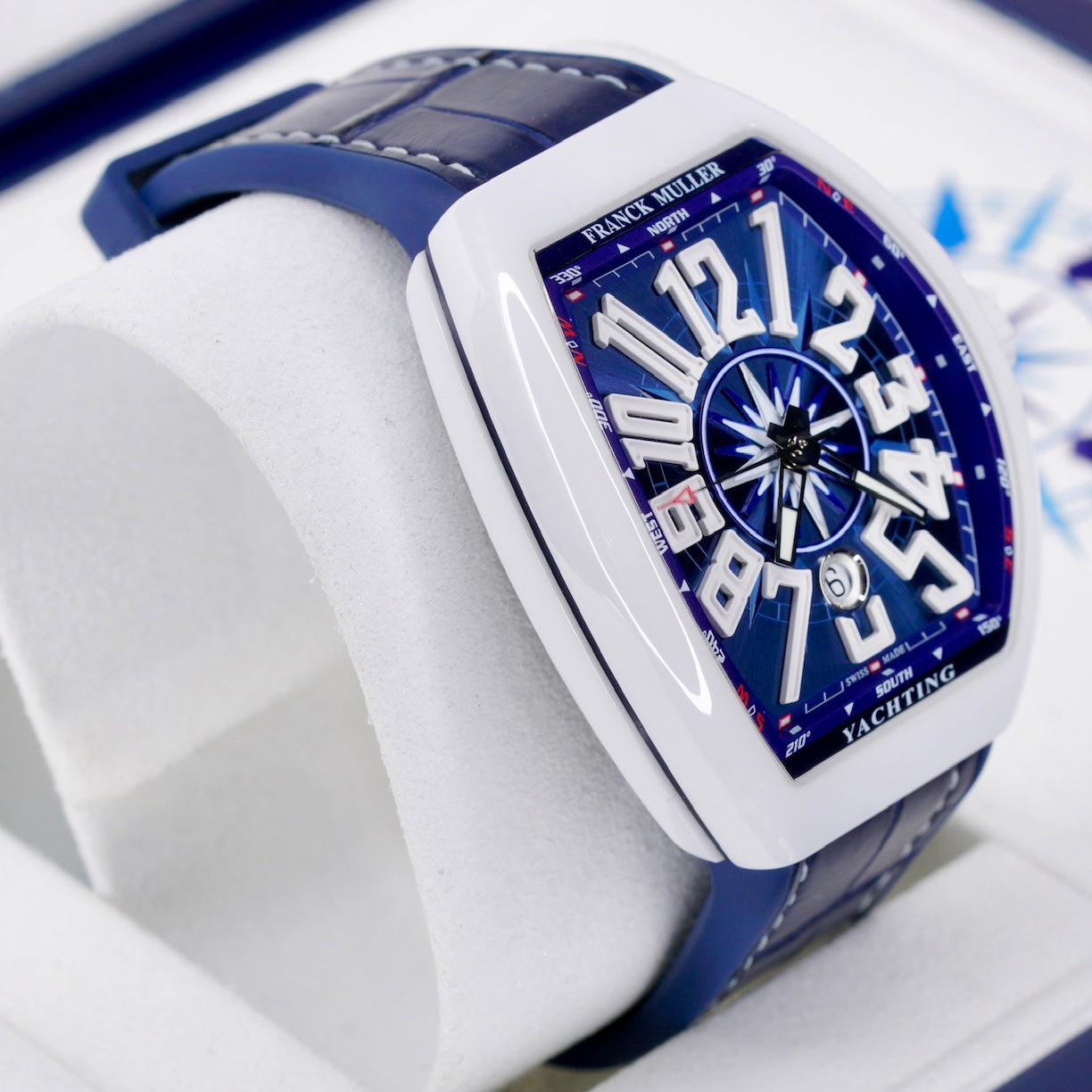 Franck Muller Vanguard V 45 SC DT Yachting Blue Dial Ceramic Blue Leather Strap