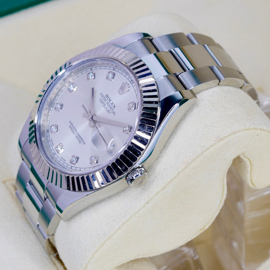 Rolex Datejust II 116334 Silver Diamond Dial Stainless Steel White Gold Bezel 41mm 2015