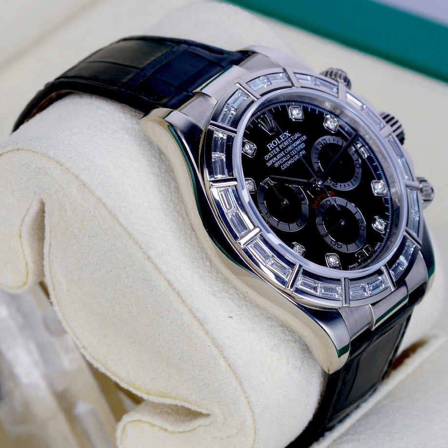 Rolex Daytona 116589BR “BAGUETTES” Black Diamond Dial Baguettes Bezel White Gold Leather Strap 40mm