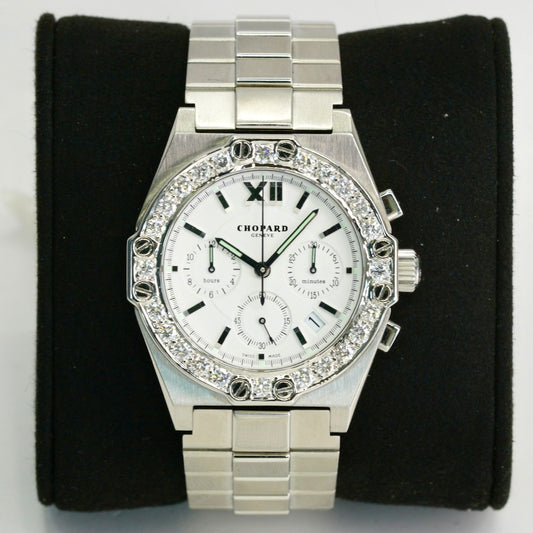 Chopard St. Moritz Chronograph 8386 White Dial Aftermarket Diamond Bezel Stainless Steel
