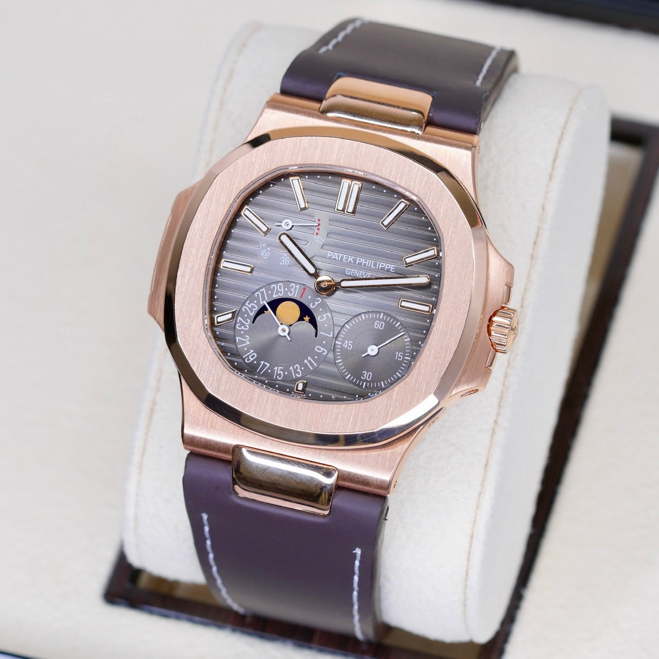 Patek Philippe Nautilus 5712R-001 Moon Phase Dial Rose Gold Leather Strap 2019