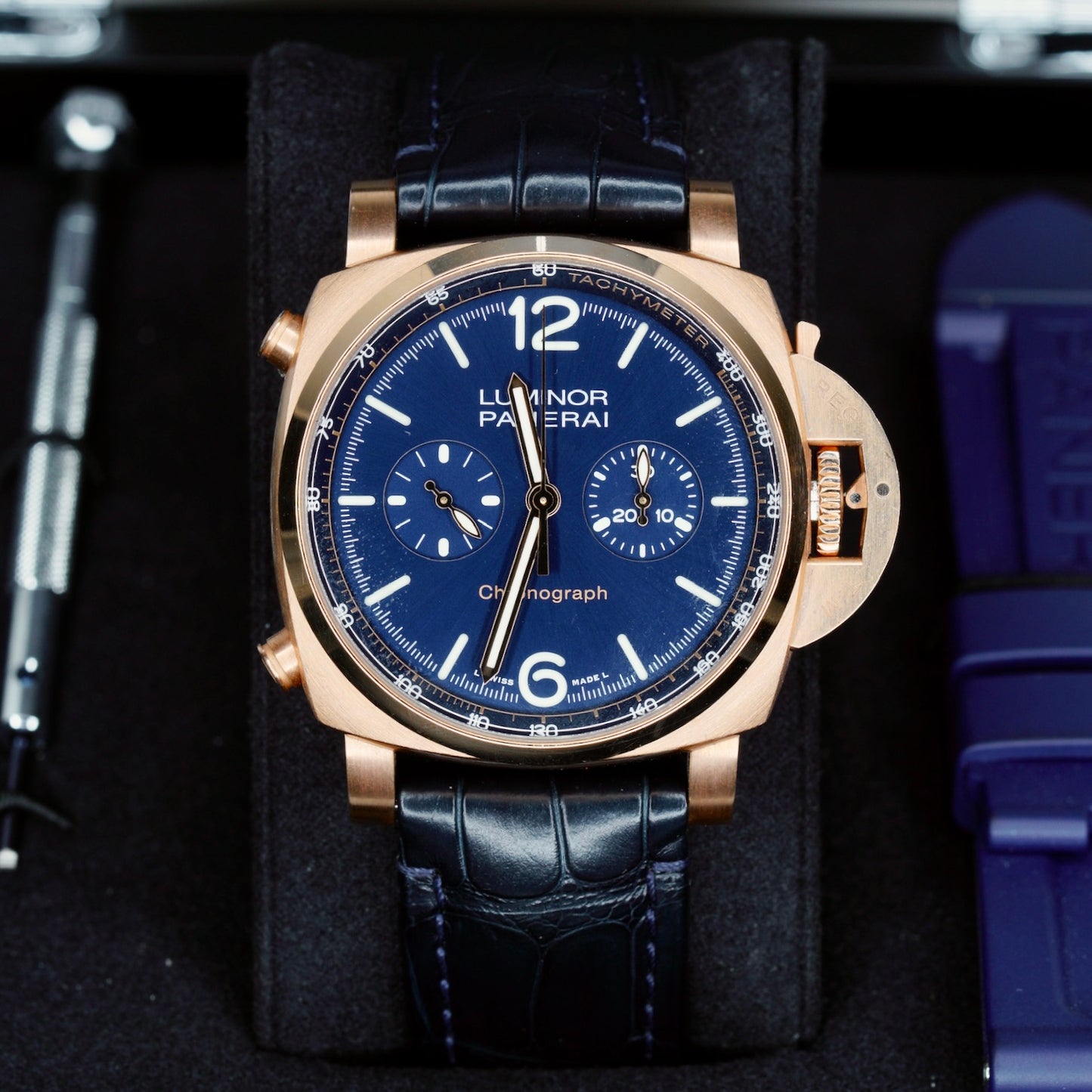 Panerai Luminor PAM 01111 Blue Dial Rose Gold Blue Leather Strap 44mm