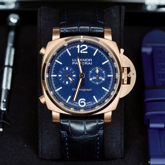 Panerai Luminor PAM 01111 Blue Dial Rose Gold Blue Leather Strap 44mm