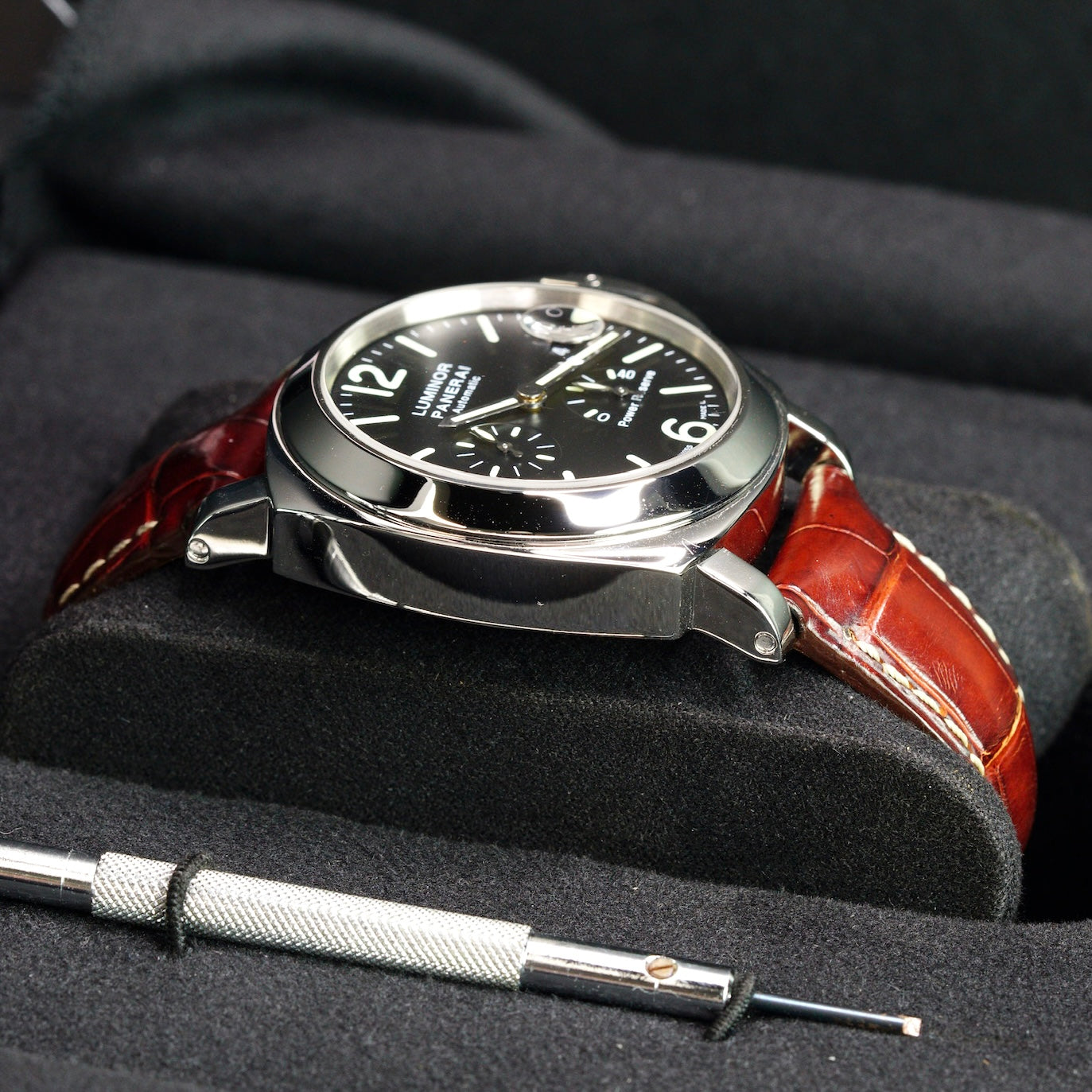 Panerai Luminor PAM 00090 Power Reserve Black Dial Stainless Steel Brown Leather Strap 44mm