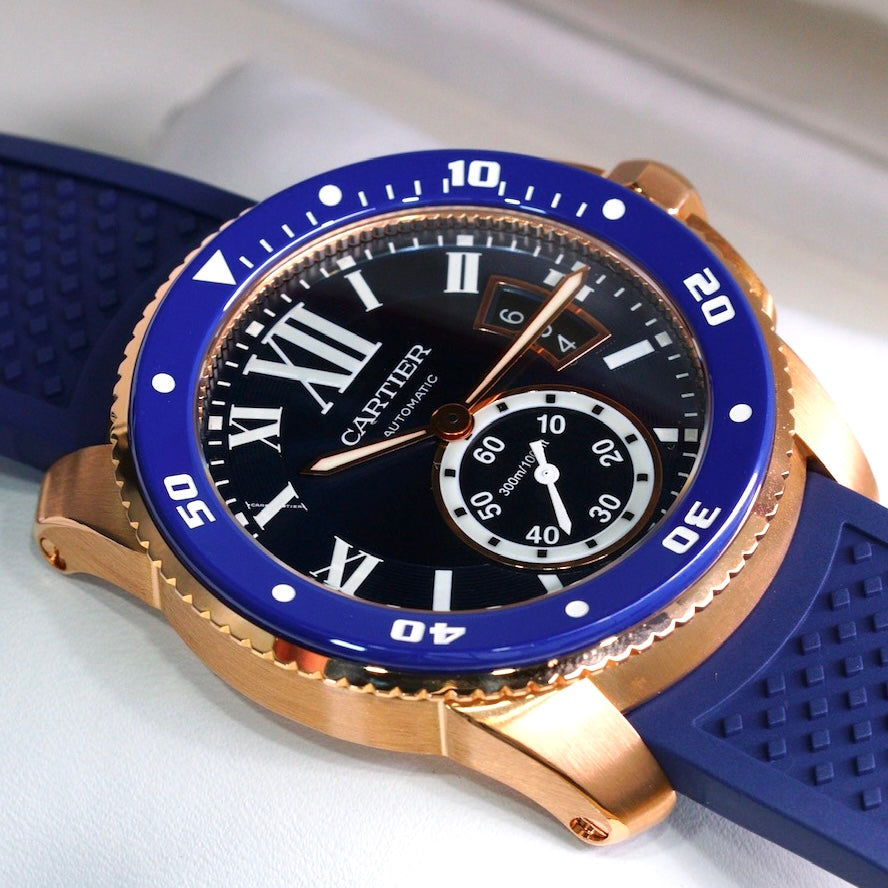 Cartier Calibre De Cartier WGCA0010 Rose Gold Blue Dial & Bezel Rubber Strap 42mm