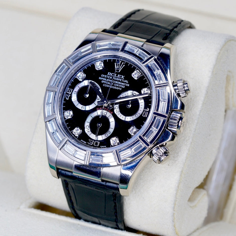 Rolex Daytona 116589BR “BAGUETTES” Black Diamond Dial Baguettes Bezel White Gold Leather Strap 40mm