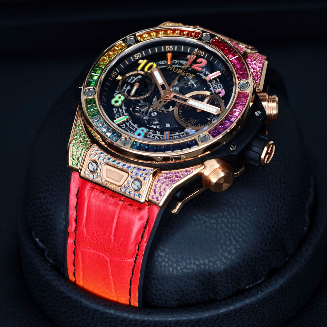 Hublot Bang Unico 441.OX.9910.LR.0999 “RAINBOW 42” Skeleton Dial King Gold Rainbow Black Strap 42mm