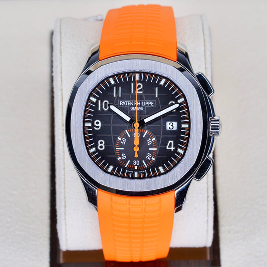 Patek Philippe NEW 2025 Aquanaut 5968A-001 “ORANGE AQUA” Black Dial Orange Accents Stainless Steel Tropical Strap 42.2mm