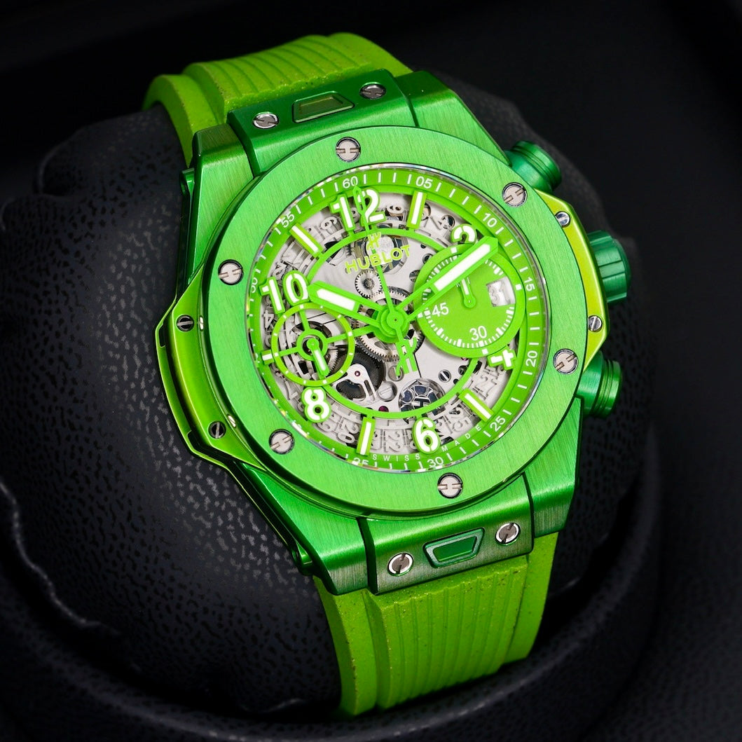 Hublot Big Bang Unico 441.UG.5220.RX.NES23 “NESPRESSO ORIGIN” Skeleton Dial Green Aluminum Rubber Strap 42mm