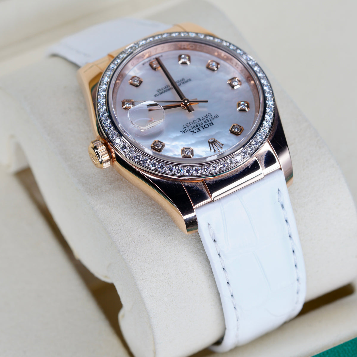 Rolex Datejust 116185 MOP Diamond Dial Rose Gold Leather Strap 36mm