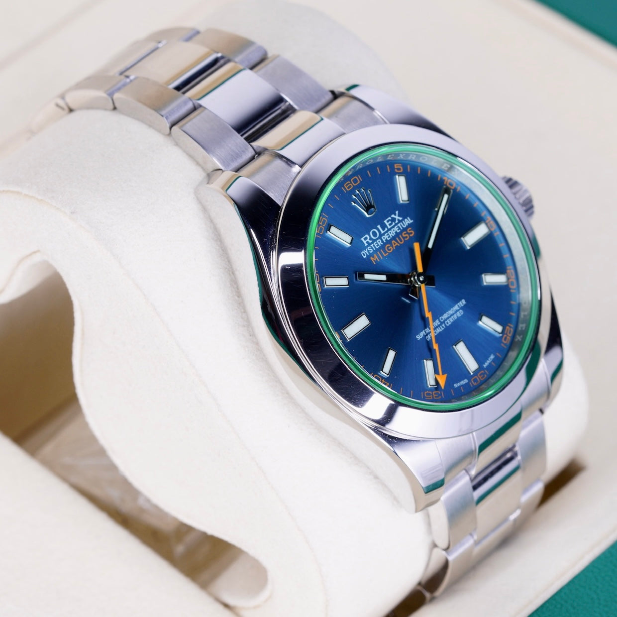 Rolex Milgauss 116400GV Blue Dial Green Crystal Stainless Steel 40mm
