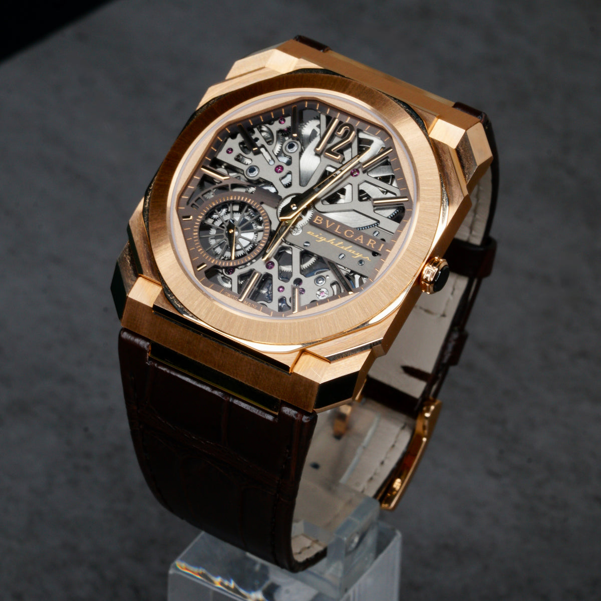 Bulgari Octo Finissimo 103667 Skeleton Dial Rose Gold Leather Strap