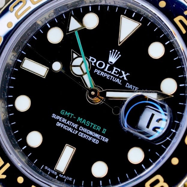 Rolex GMT-Master II 116713LN Black Dial Green Arrow Two-Tone Yellow Gold & Steel 40mm