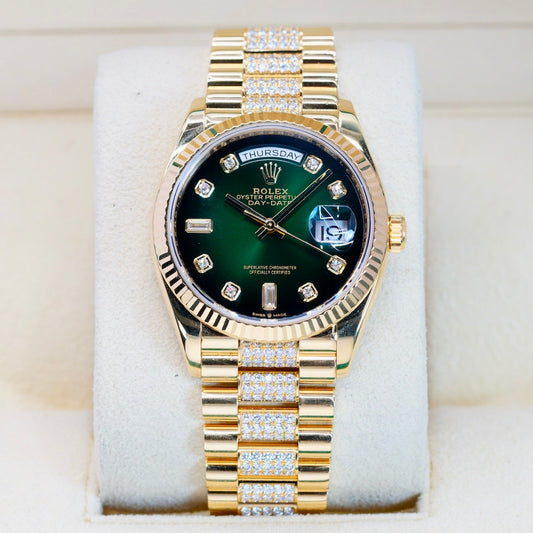 Rolex Day-Date 128238 Smoked Green Diamond Diam Yellow Gold Diamond President Bracelet 36mm 2022