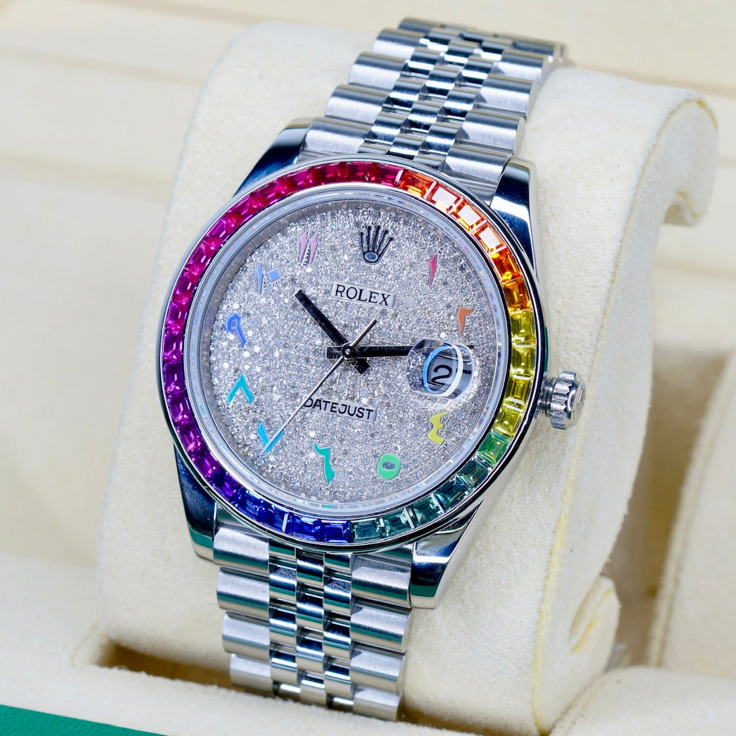 Rolex Datejust 126300 “AM ARABIC RAINBOW” Aftermarket Diamond Arabic Dial Aftermarket Rainbow Bezel Stainless Steel Jubilee 41mm