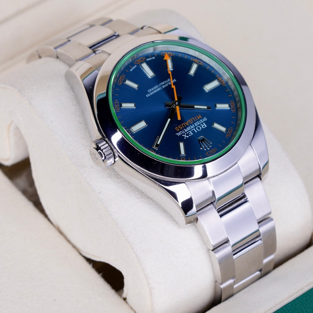 Rolex Milgauss 116400GV Blue Dial Green Crystal Stainless Steel 40mm