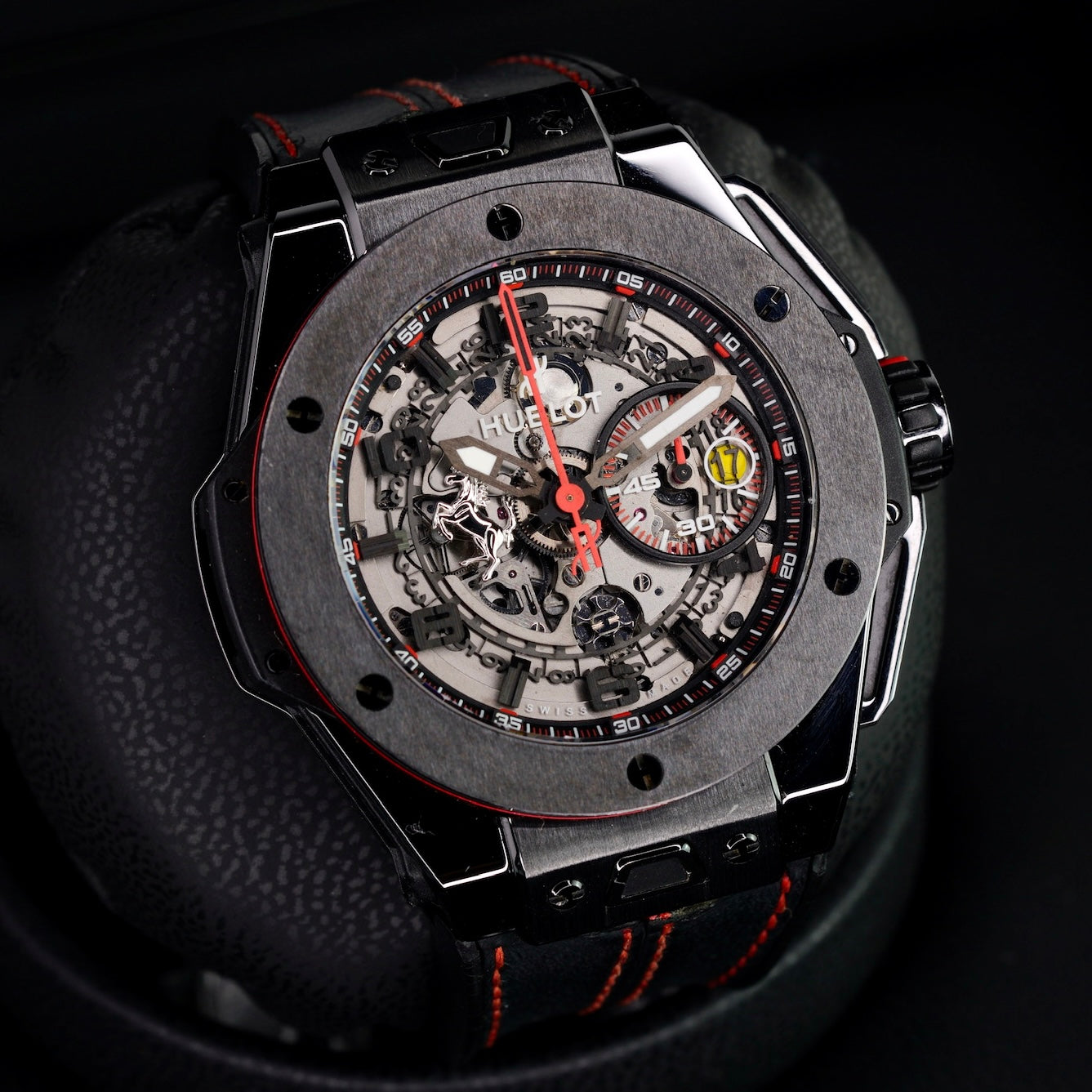 Hublot Big Bang 401.CX.0123.VR “FERRARI” Skeleton Dial Ceramic Leather Strap 45mm