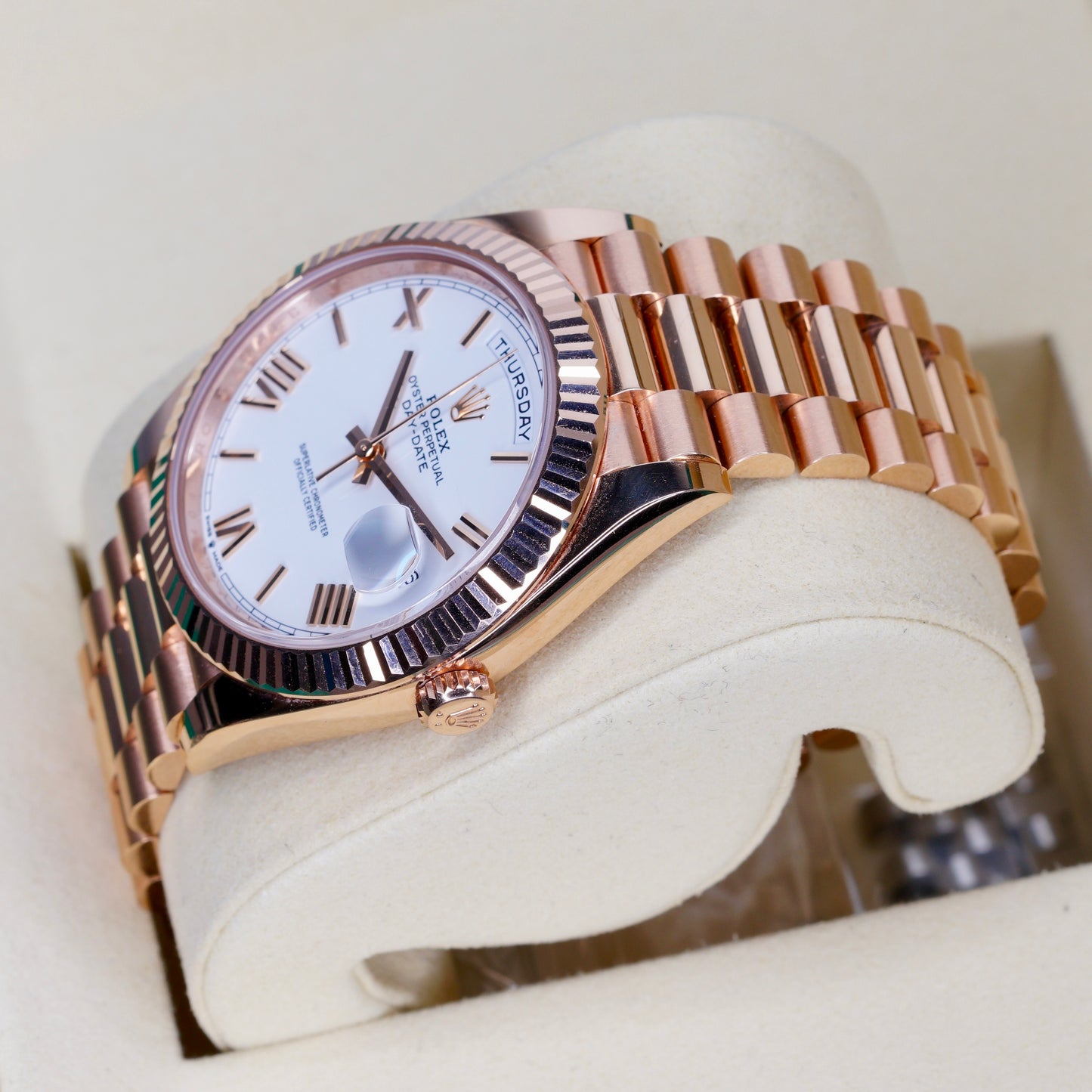 Rolex Day-Date 228235 White Roman Dial Rose Gold 40mm