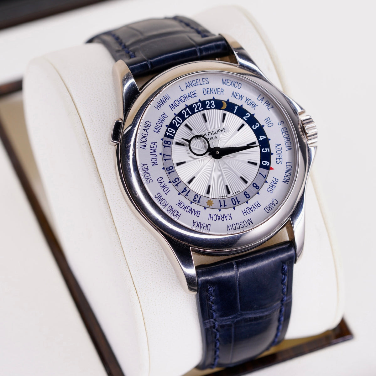 Patek Philippe 5130G-019 “WORLD TIME” White Dial Blue Accents White Gold Blue Leather Strap 39mm 2014