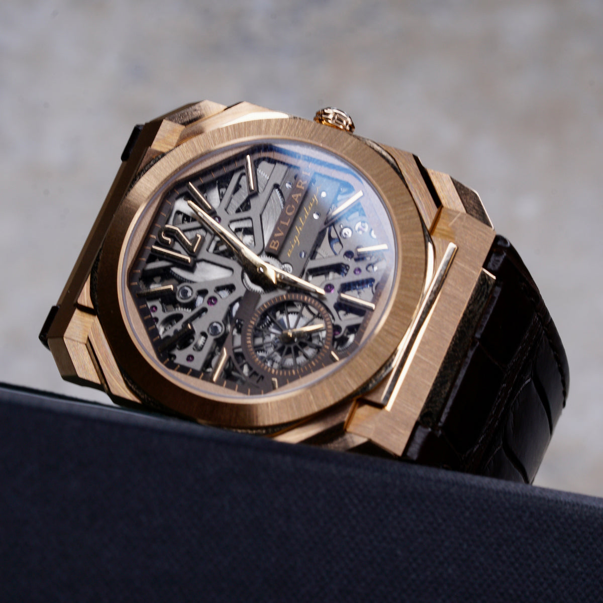 Bulgari Octo Finissimo 103667 Skeleton Dial Rose Gold Leather Strap