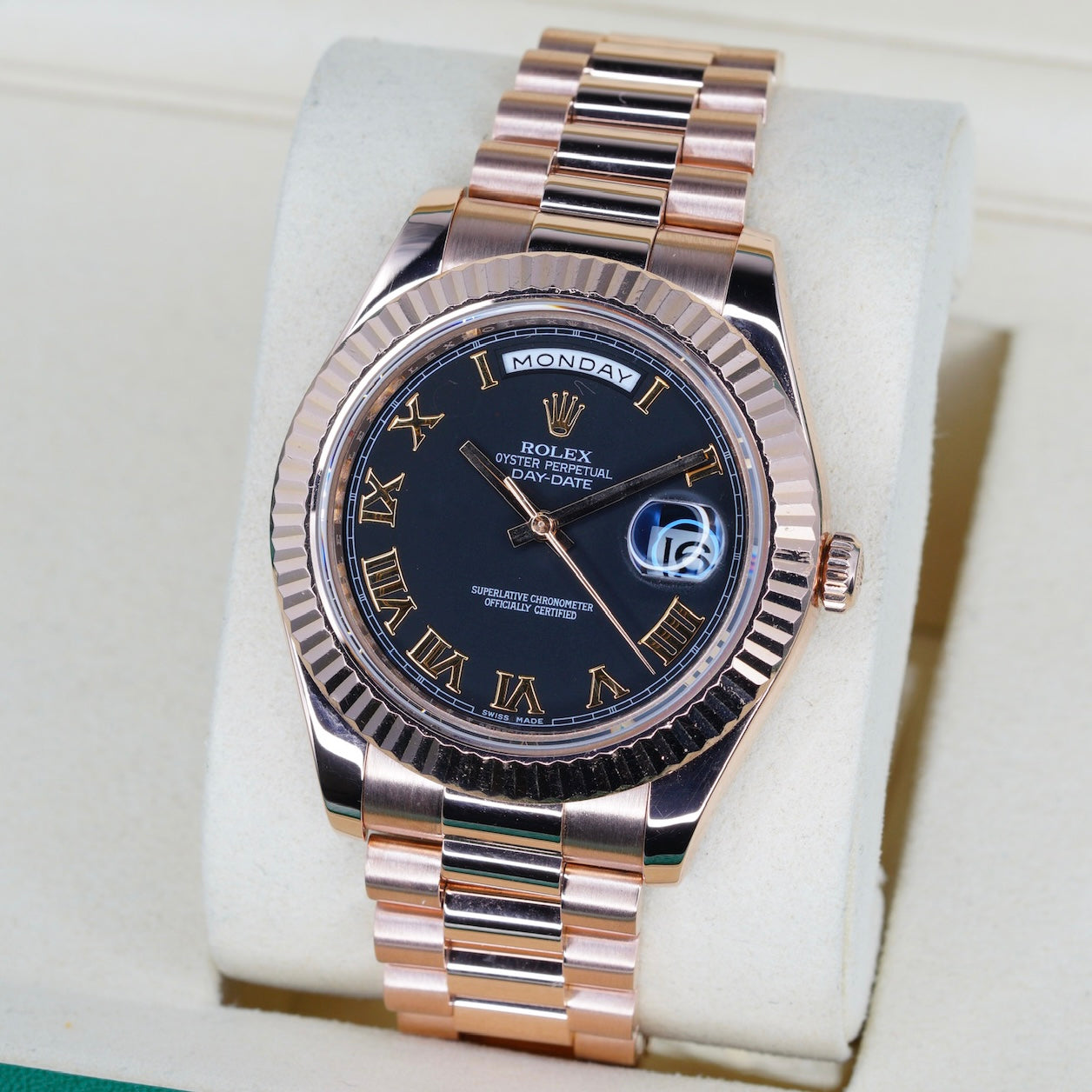 Rolex Day-Date II 218235 Black Roman Dial Rose Gold 41mm