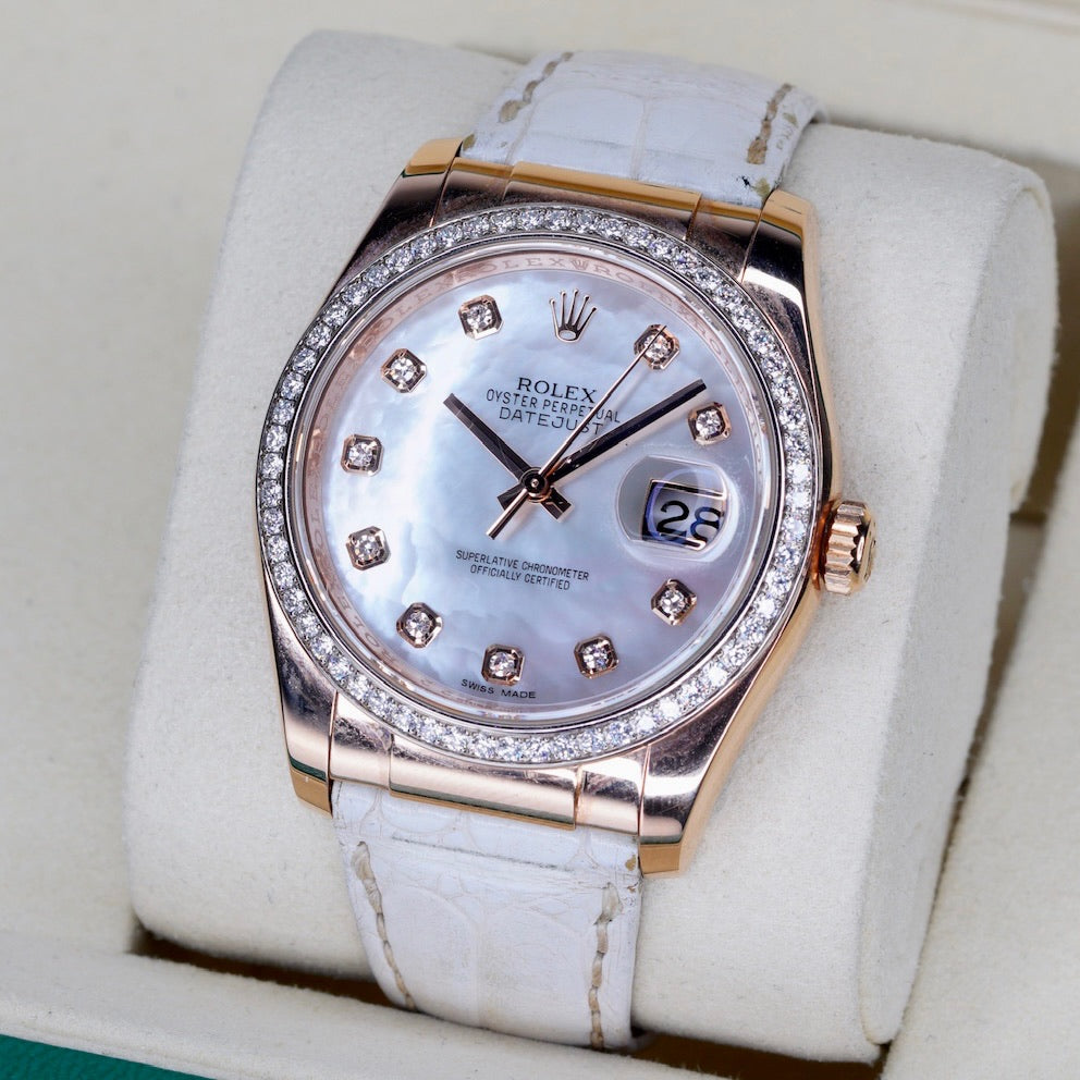 Rolex Datejust 116185 MOP Diamond Dial Rose Gold Leather Strap 36mm