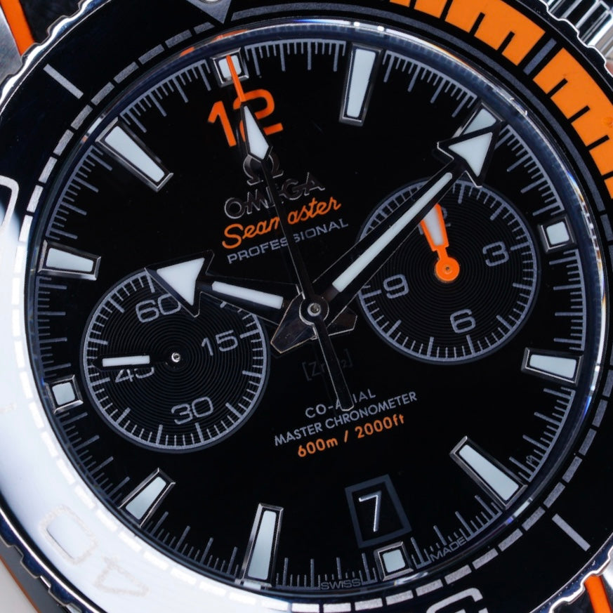 Omega Seamaster 215.32.46.51.01.001 “PLANET OCEAN” Black Dial Orange Accents  Stainless Steel Chronograph