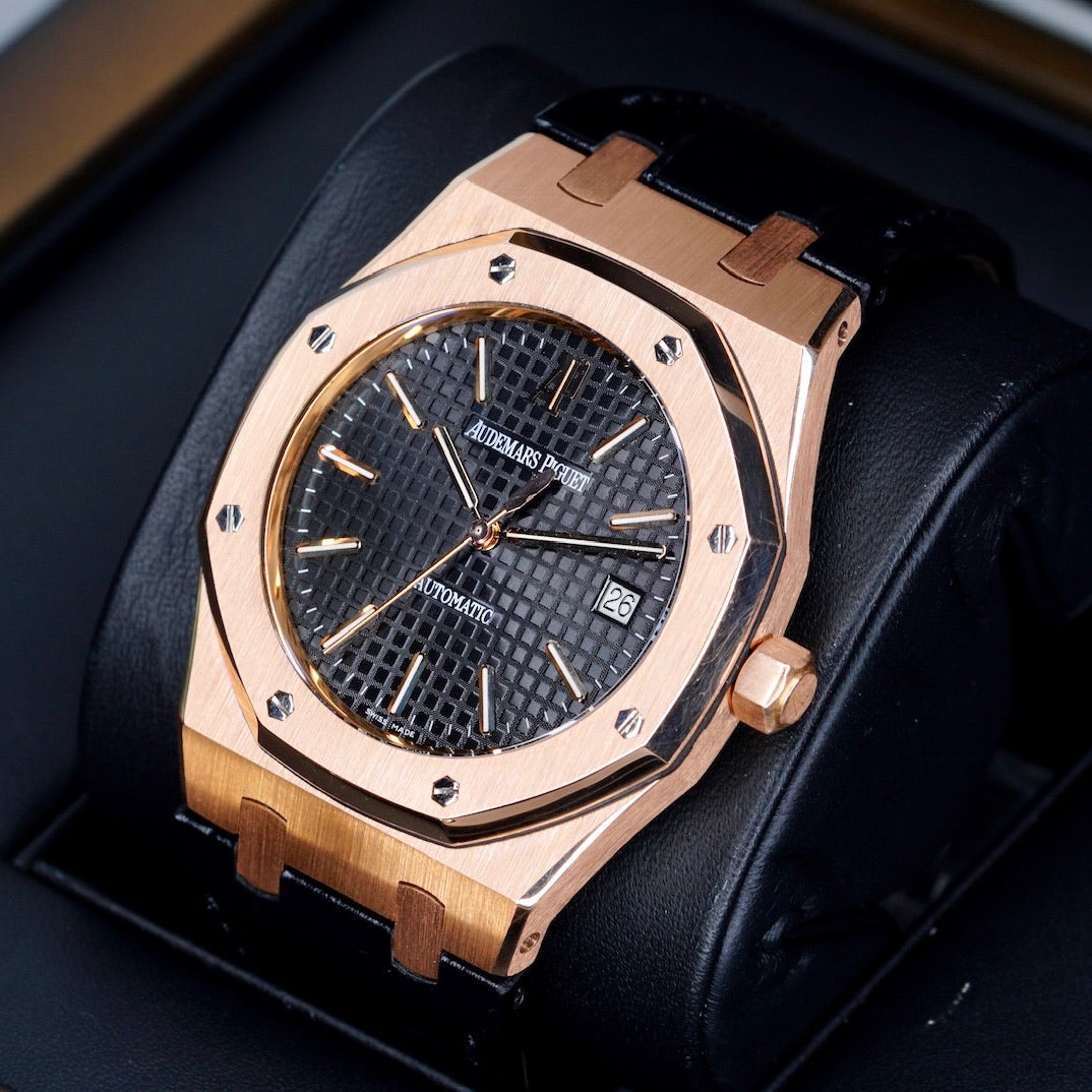 Audemars Piguet Royal Oak 15300OR.OO.D002CR.01 “BLACK OAK” Black Dial Rose Gold Leather Strap 39mm