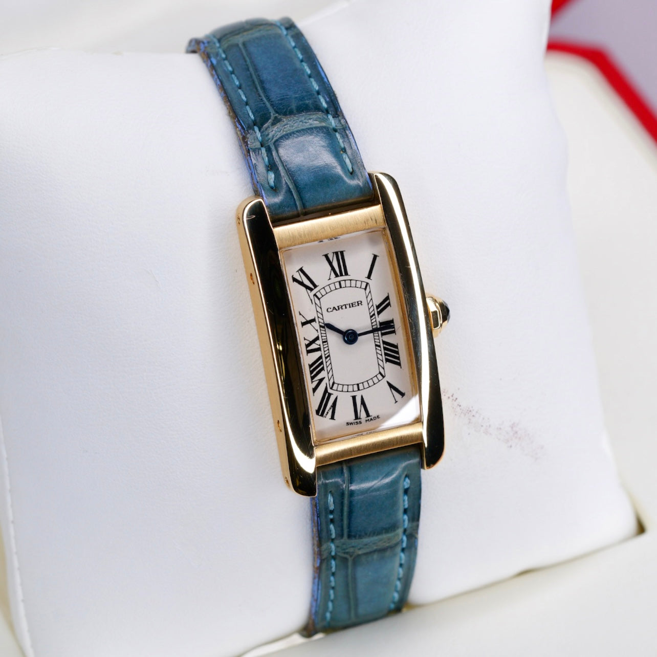 Cartier Tank Americaine 1710 White Dial Yellow Gold Leather Strap Quartz