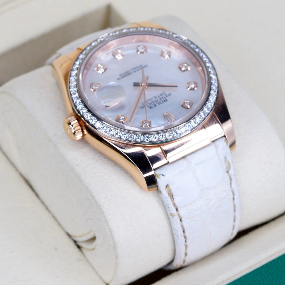 Rolex Datejust 116185 MOP Diamond Dial Rose Gold Leather Strap 36mm