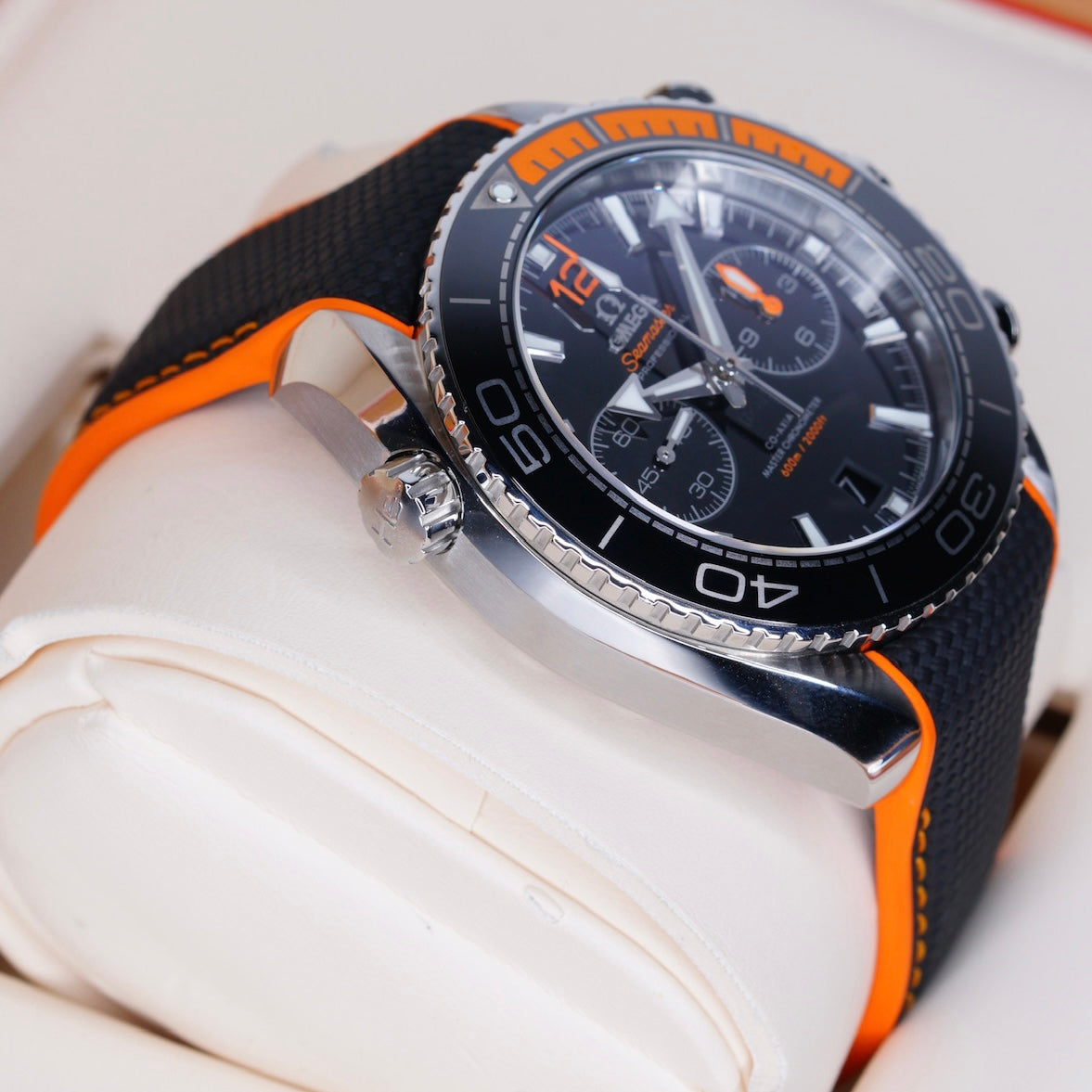 Omega Seamaster 215.32.46.51.01.001 “PLANET OCEAN” Black Dial Orange Accents  Stainless Steel Chronograph